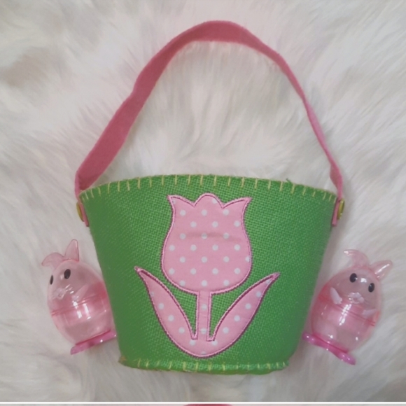 Lime Easter Basket with Pink Flower Apilque-Burlap Canvas Material - Picture 2 of 9